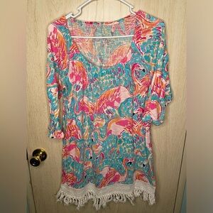 Lilly Pulitzer Alia Peel Eat Flamingo Size XS Fringe Blue Pink Shift Dress